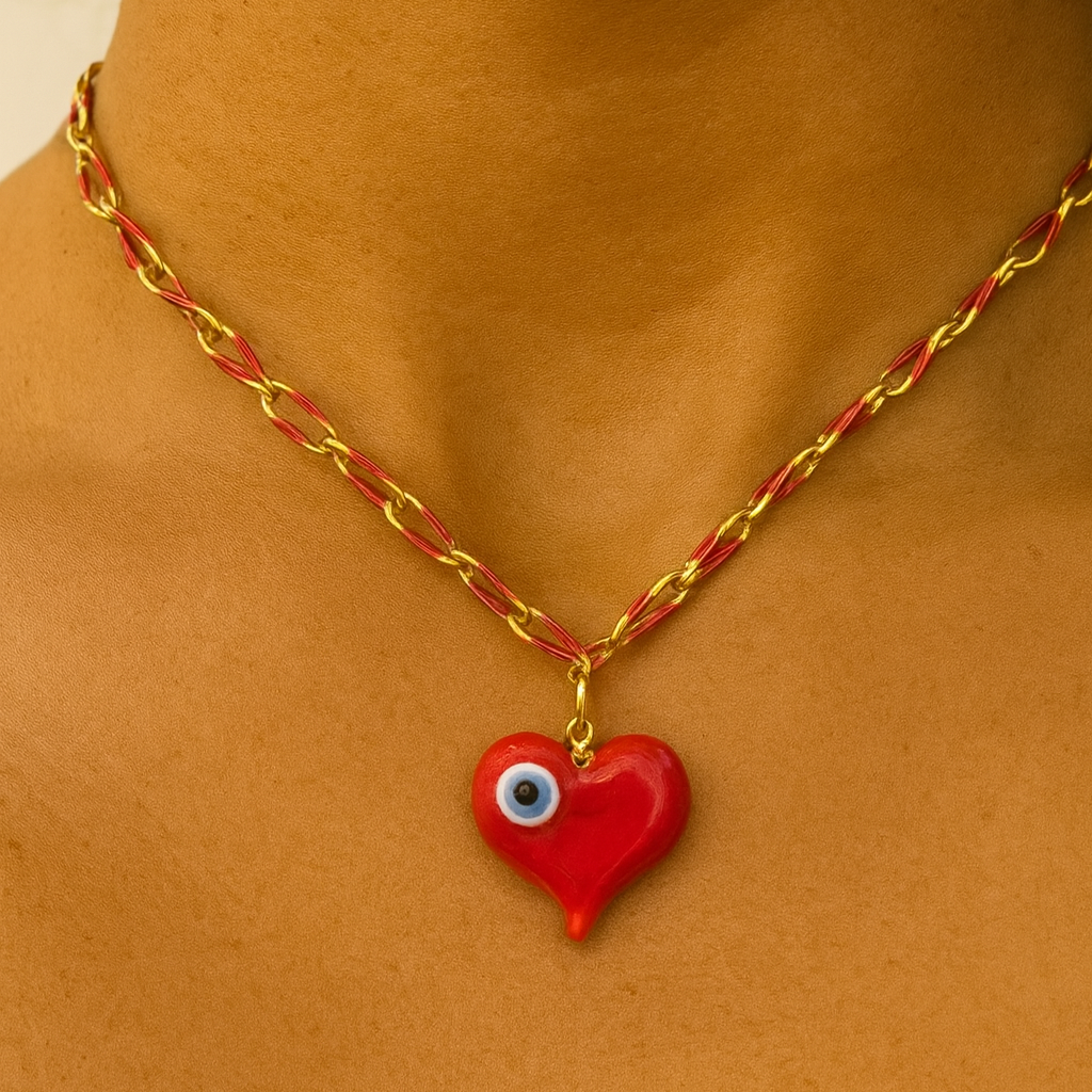 Red Heart and Eye on Red and Gold Paperclip Chain