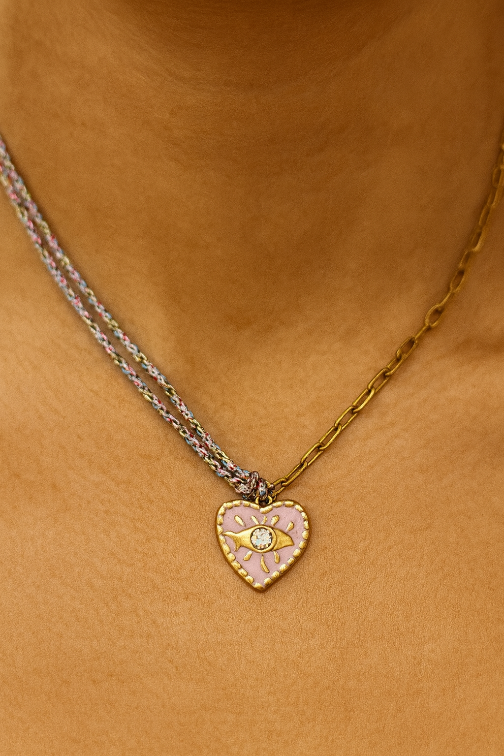 Pink Heart with Eye on Half Cord Half Baby Paperclip Chain