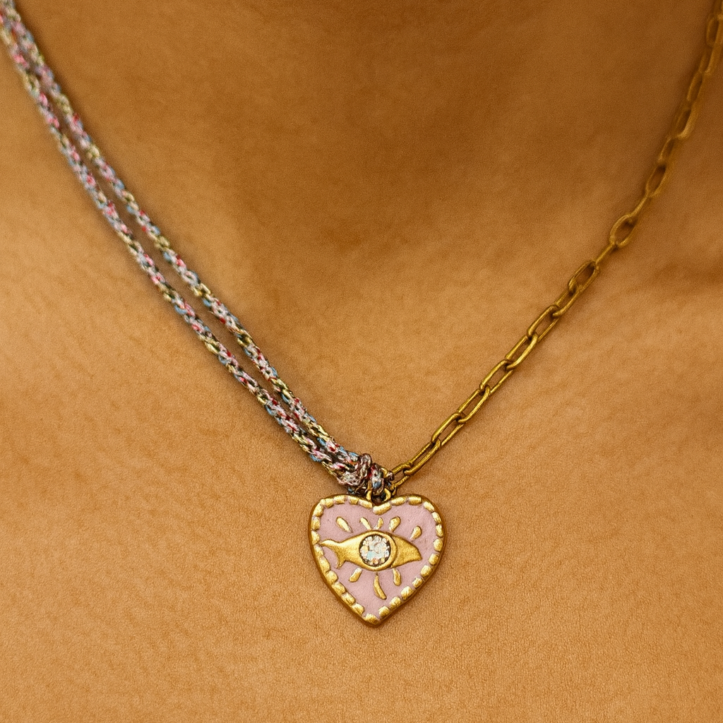 Pink Heart with Eye on Half Cord Half Baby Paperclip Chain