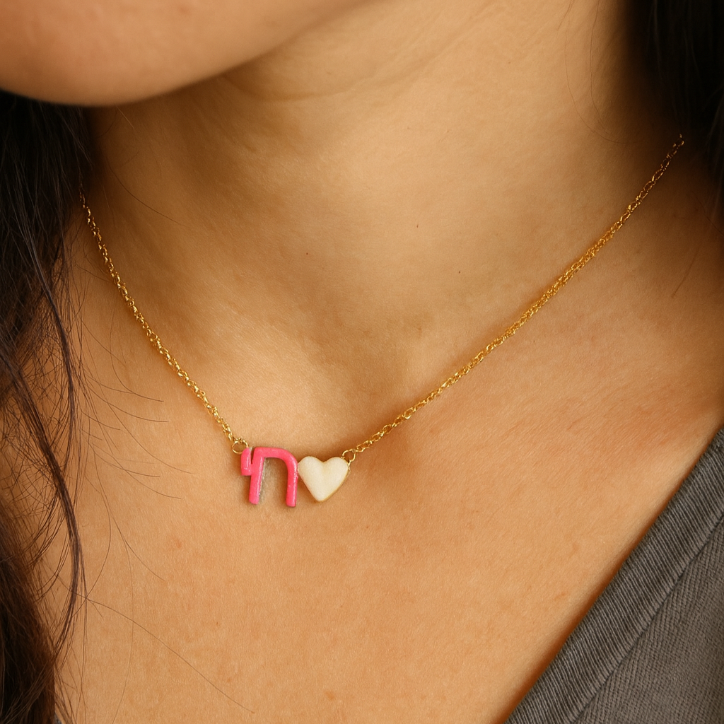 Enamel Pink Chai and White Heart Necklace