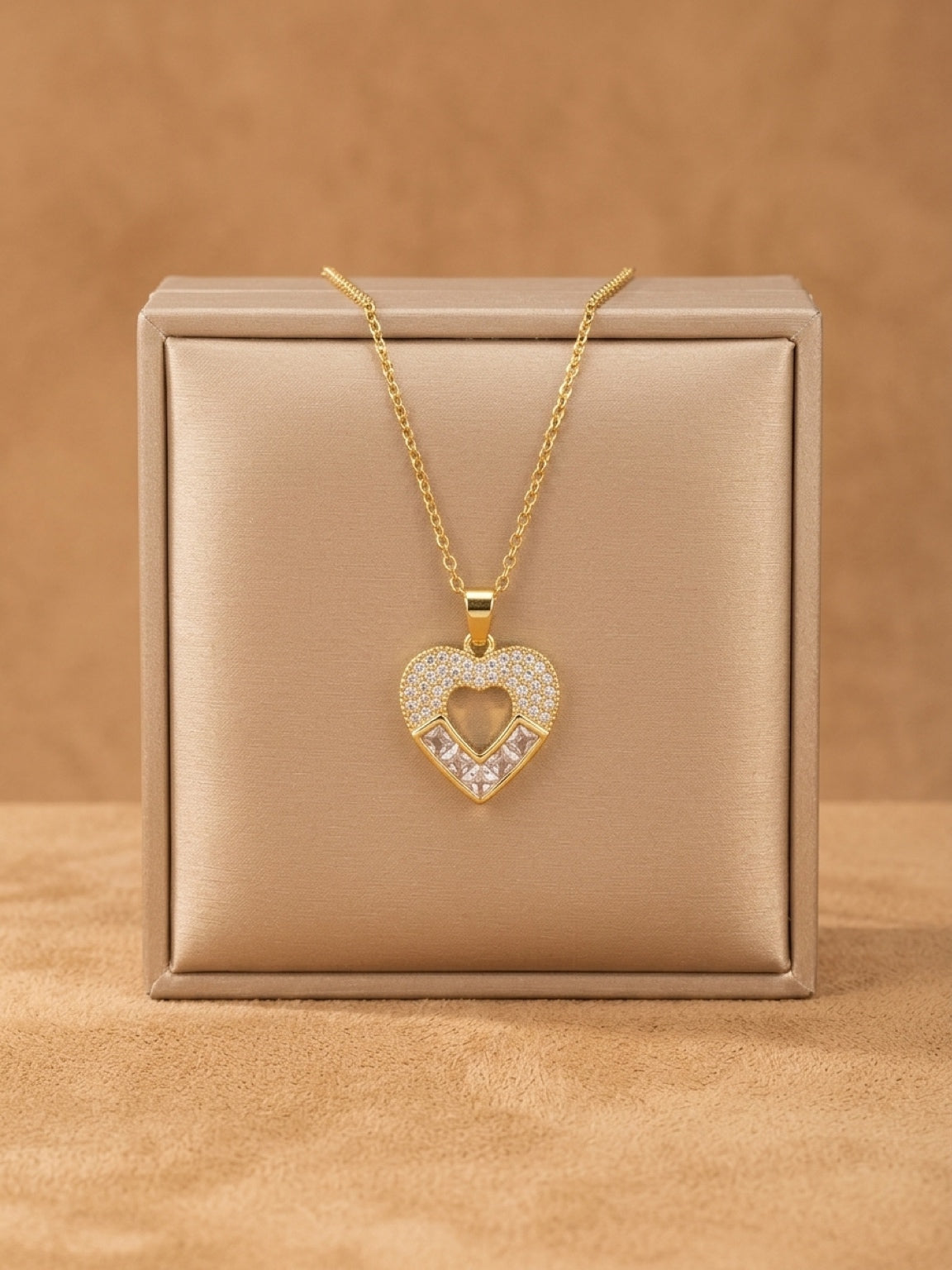 Gold Open Heart Necklace with Princess-Cut Crystals