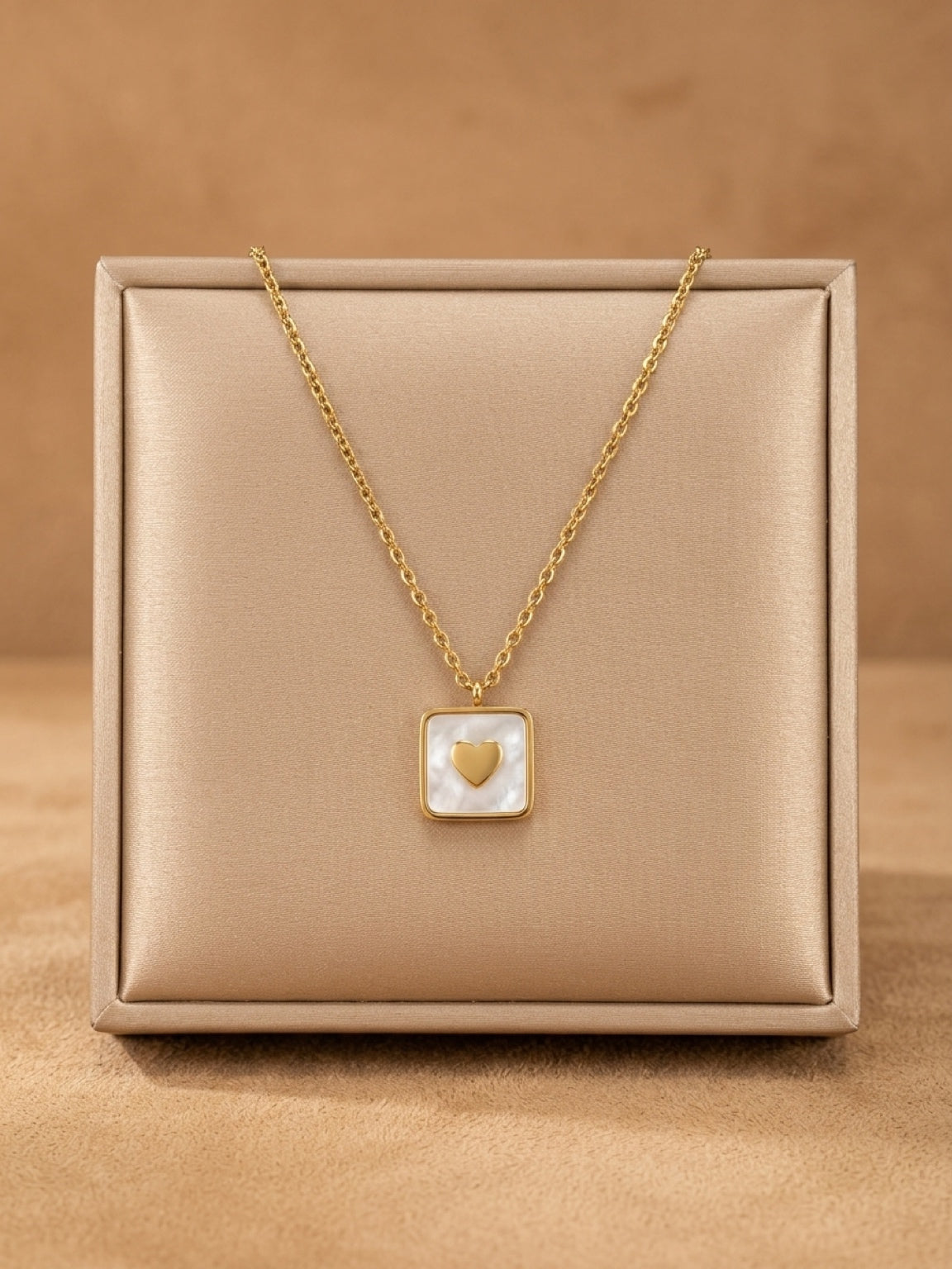 Mother of Pearl Square with Gold Heart Necklace