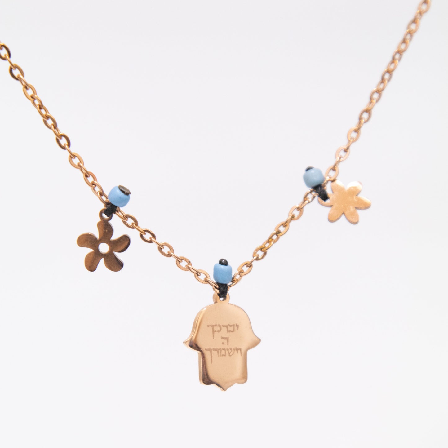 Rose Gold Charm Necklace with Flowers and Chamsa with Prayer
