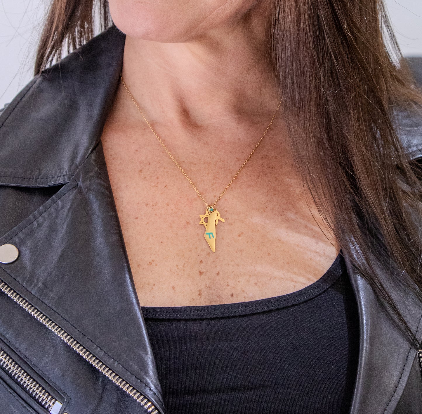 Gold Map, Chai, Magen David and Ribbon Necklace