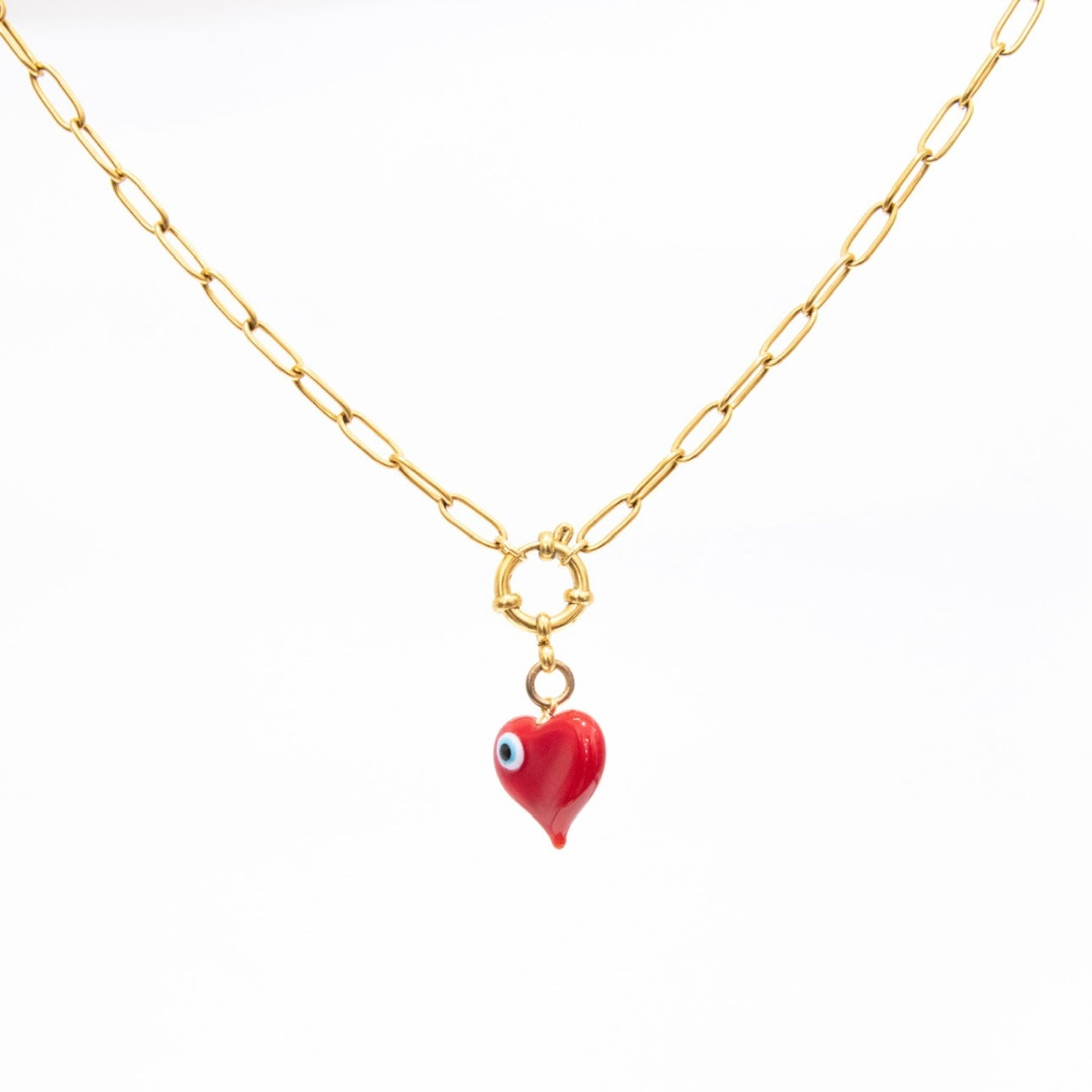 Gold Paperclip Chain with Fob and Red Heart and Eye
