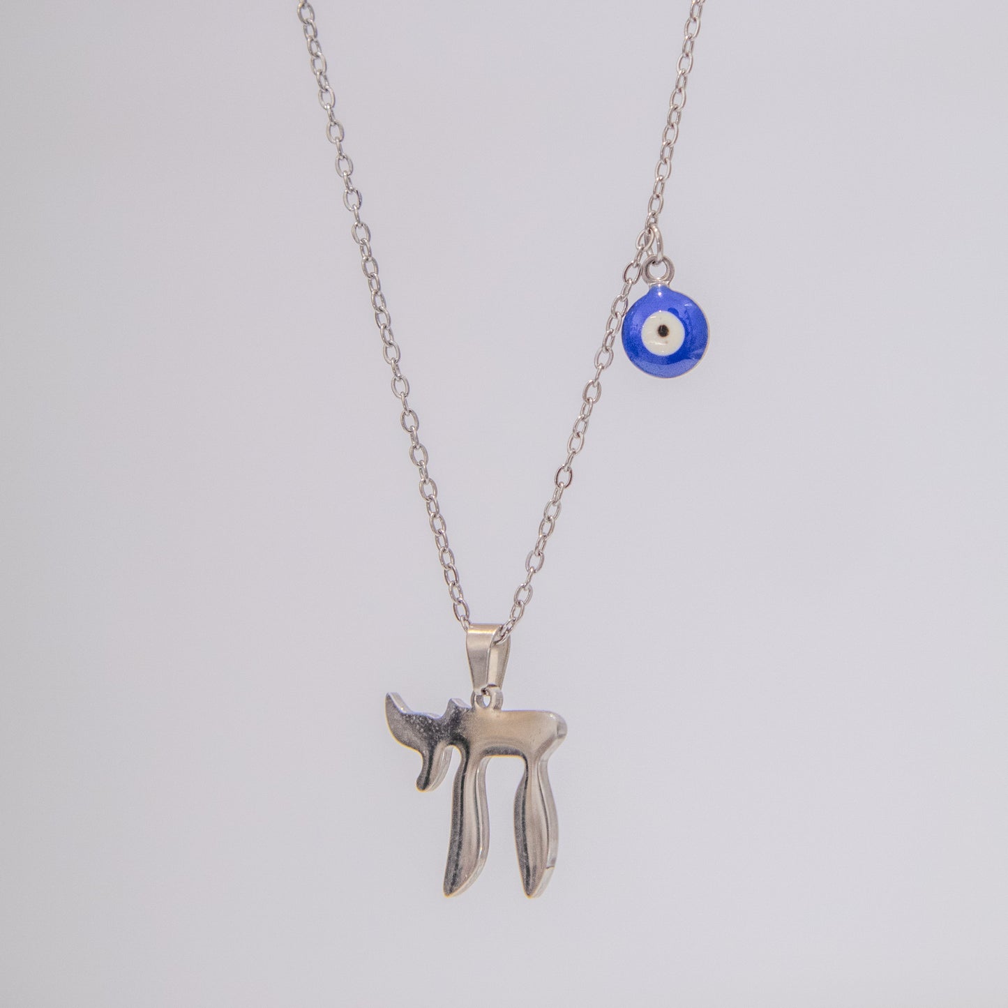 Silver Chai and Blue Evil Eye Necklace