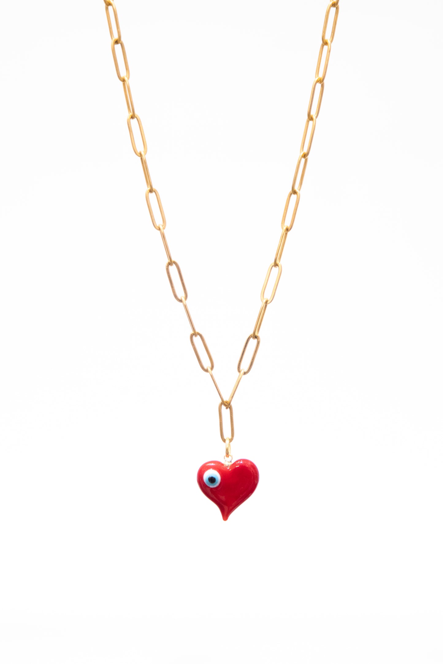 Gold Paperclip with Red Heart and Eye Necklace