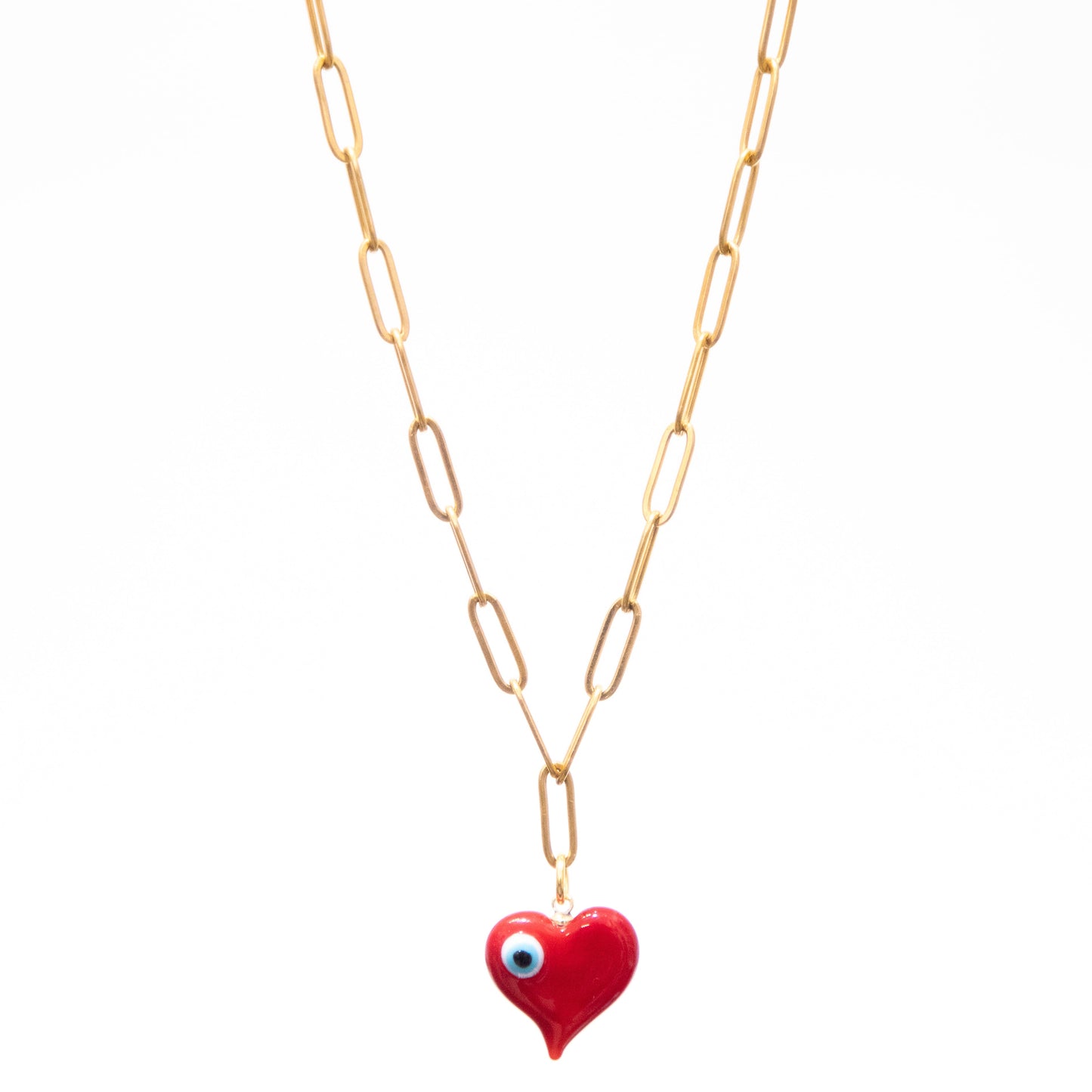 Gold Paperclip with Red Heart and Eye Necklace