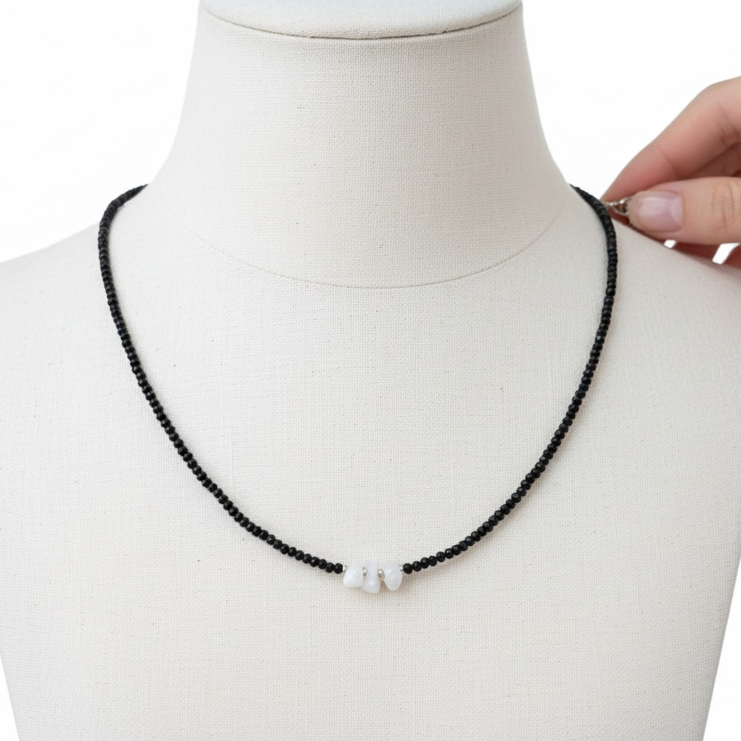 Trio Stone Black Bead Necklace