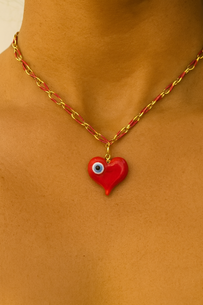 Red Heart and Eye on Red and Gold Paperclip Chain