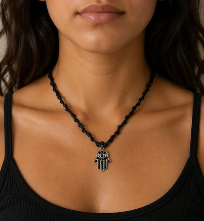 Knotted Cord with Chamsa Charm Necklace