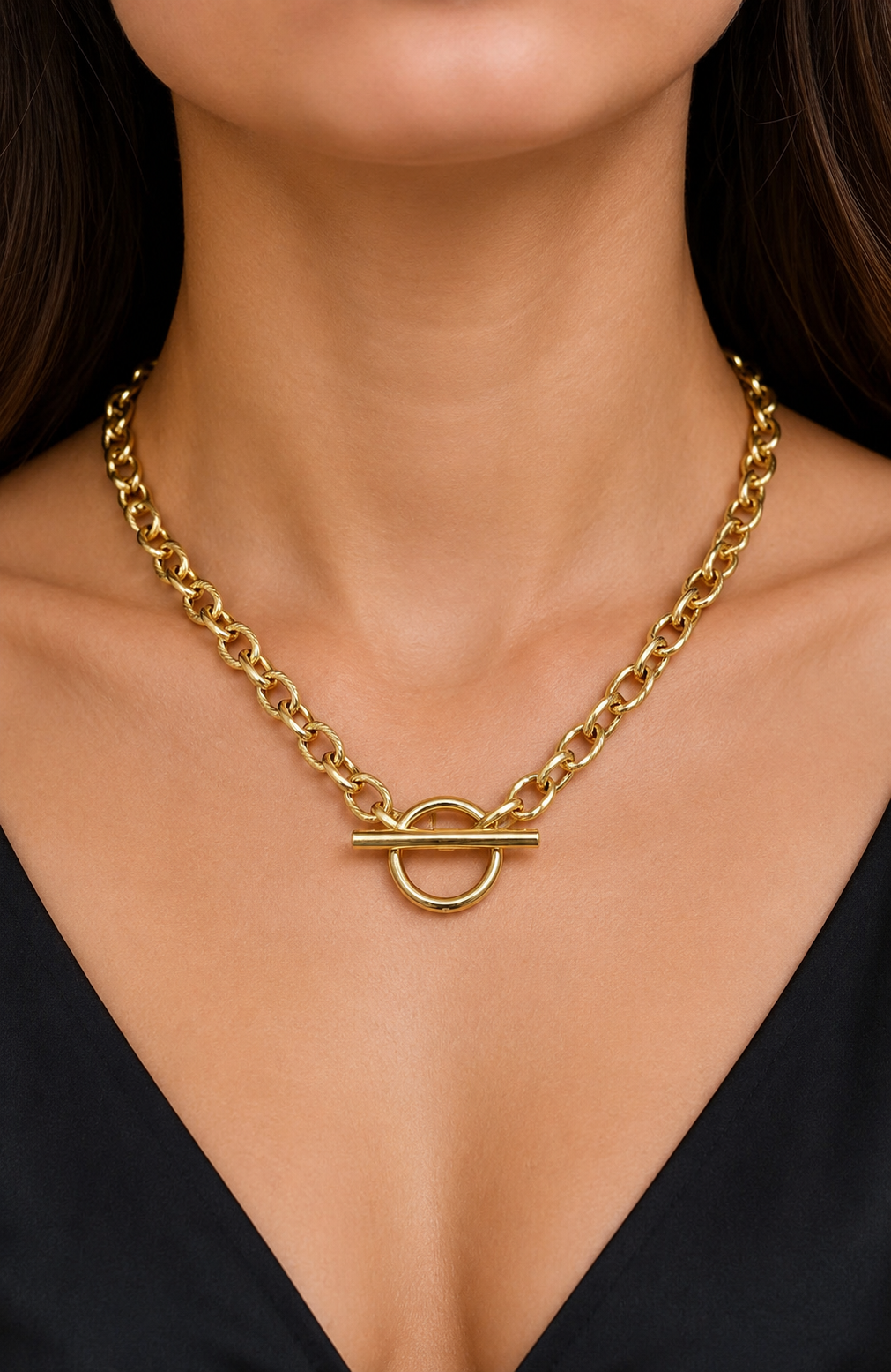 Gold Textured Chain with Toggle Clasp Necklace