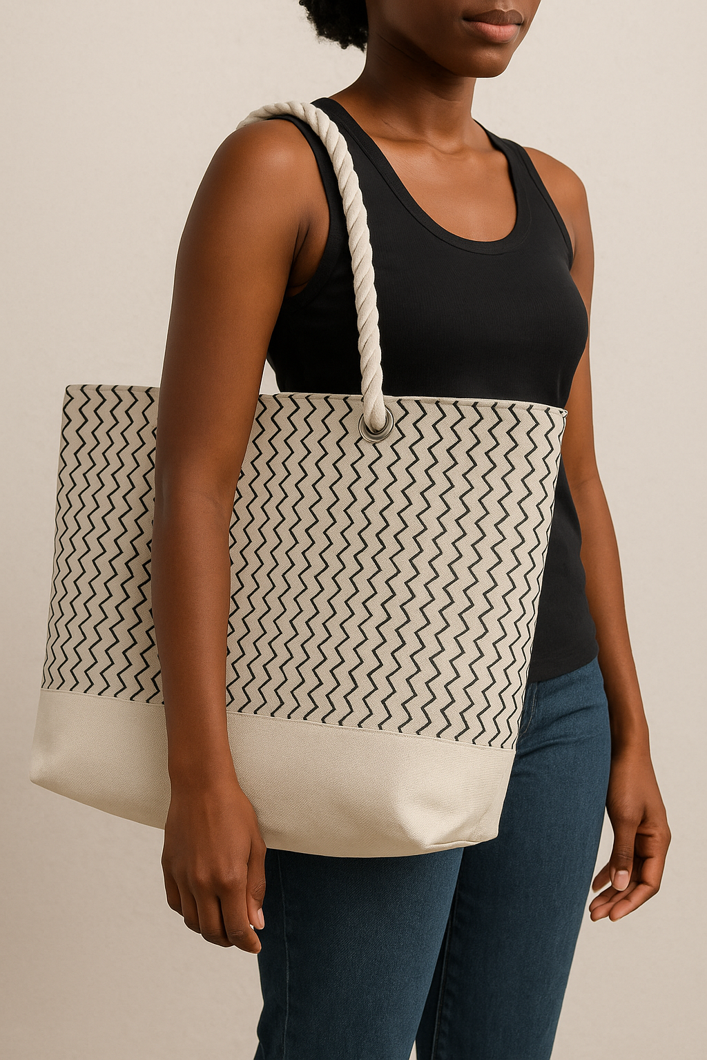 Black and Cream Zig Zag Canvas Bag
