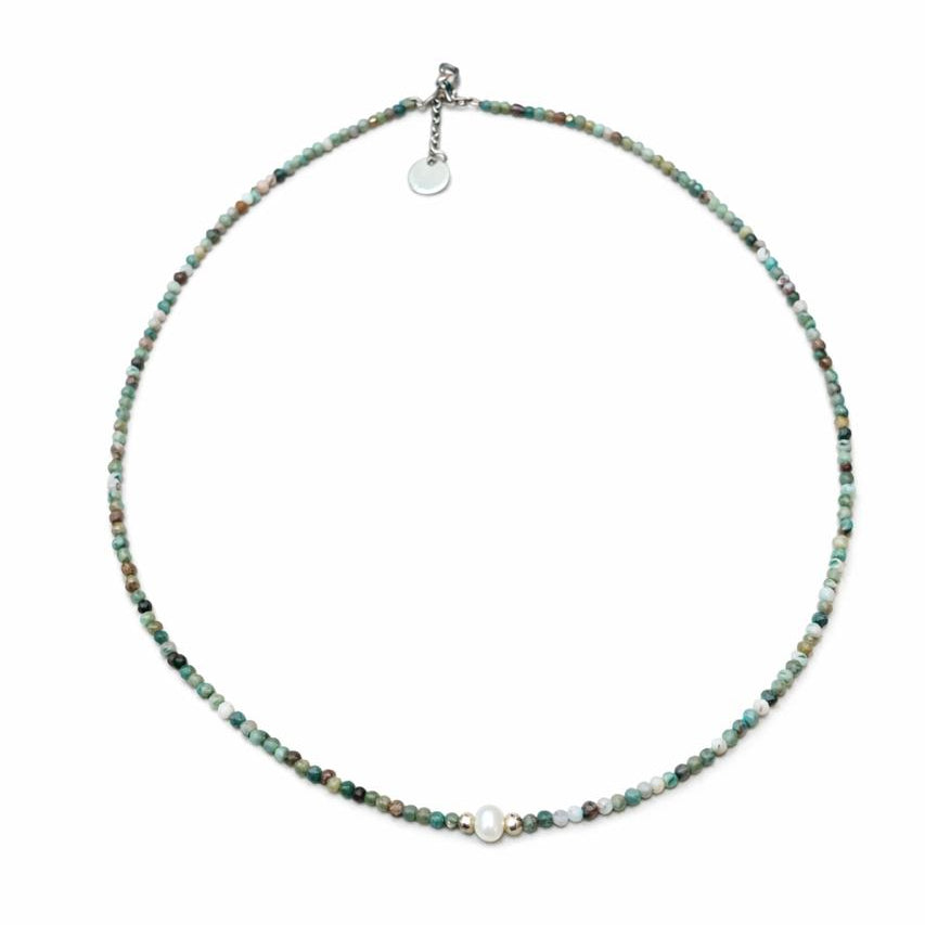 Earthy-toned bead necklace with pearl detail