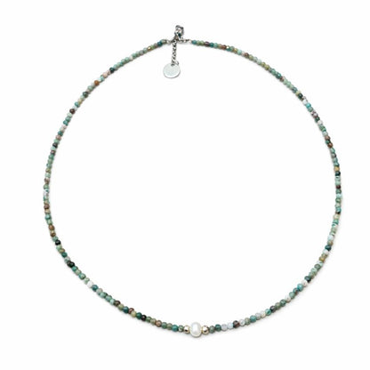 Earthy-toned bead necklace with pearl detail