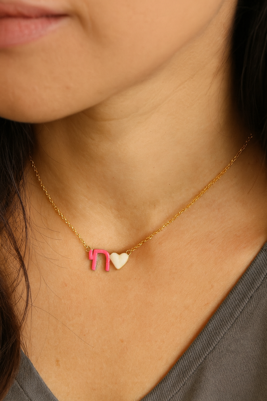 Enamel Pink Chai and White Heart Necklace