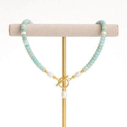 Faux Pearl Pendant Necklace with Natural Turquoise Stones