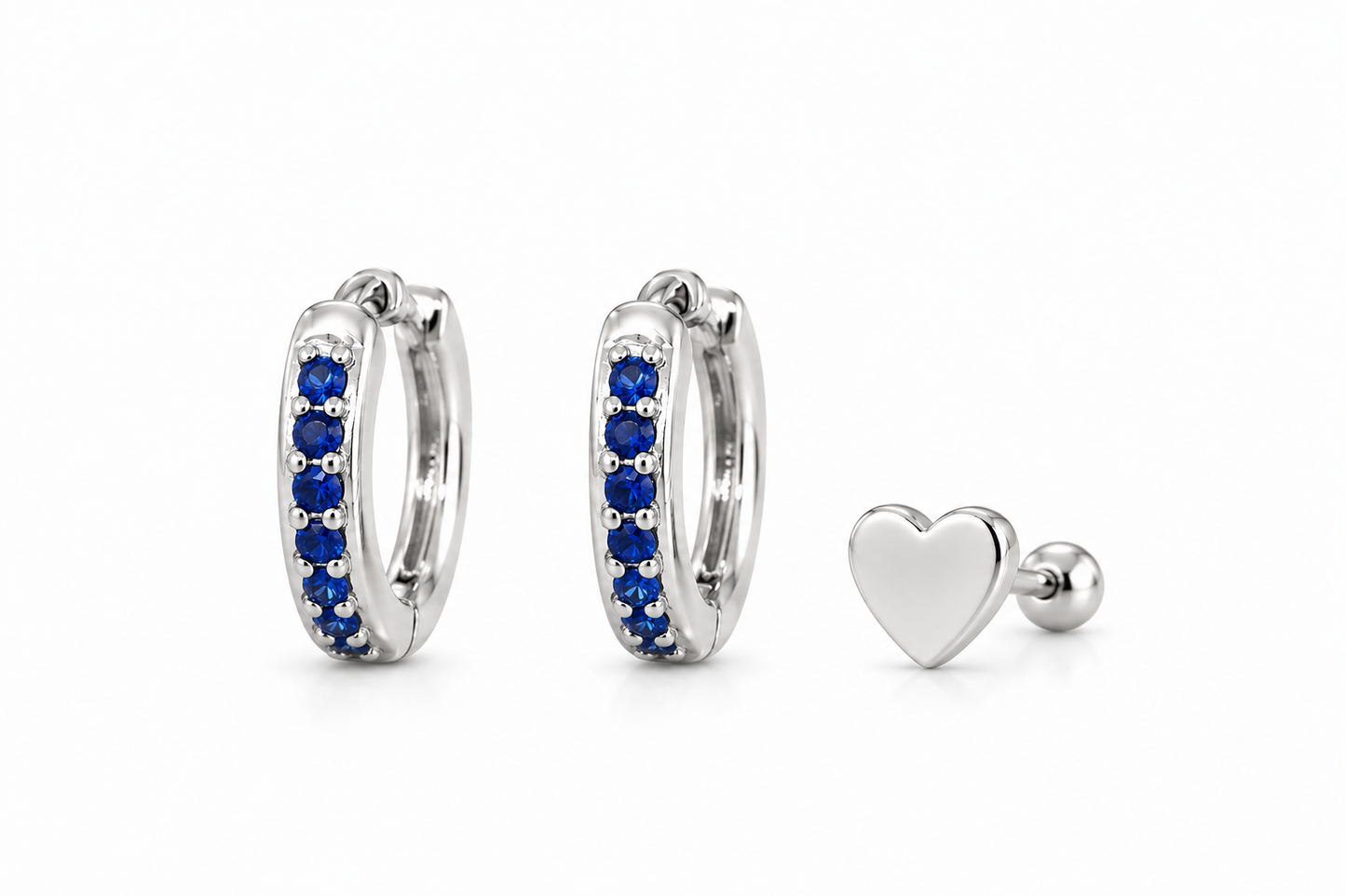 Blue Huggie and Heart Stud Set