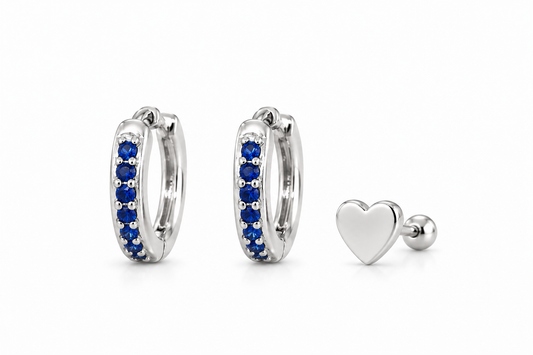Blue Huggie and Heart Stud Set