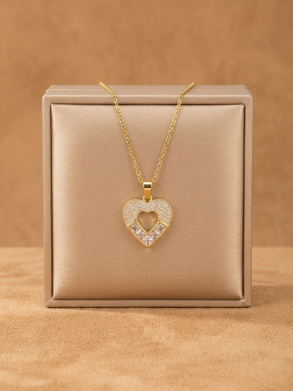Gold Open Heart Necklace with Princess-Cut Crystals