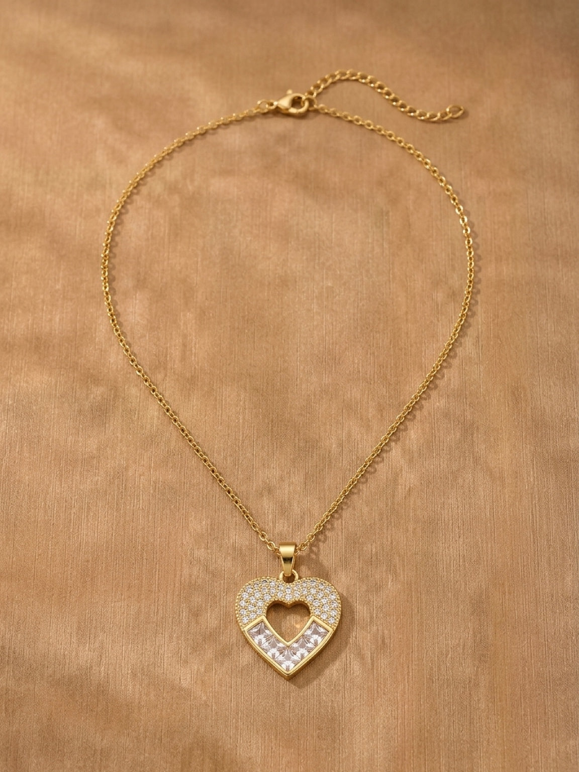 Gold Open Heart Necklace with Princess-Cut Crystals