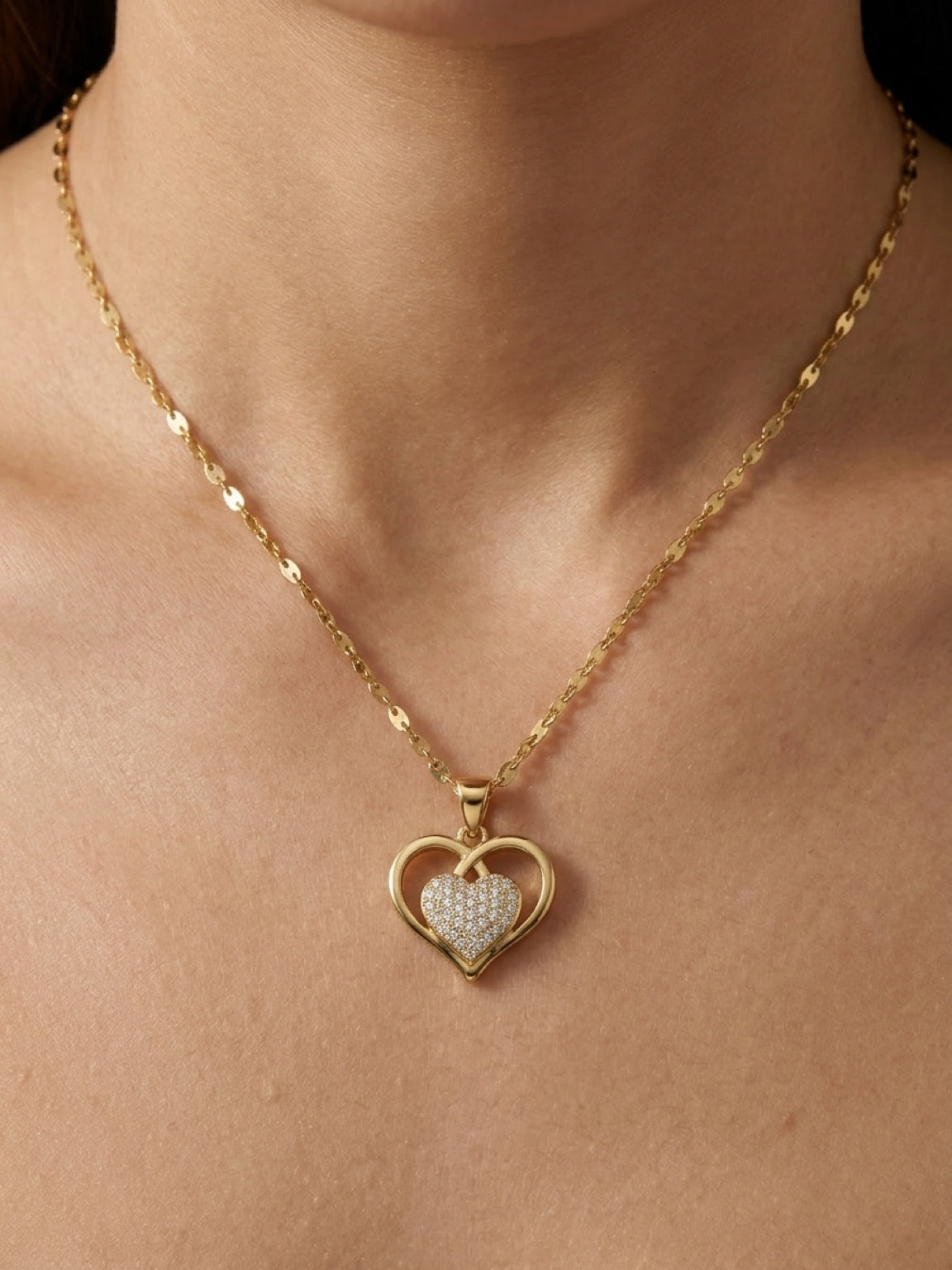 Gold Double Heart Crystal Necklace