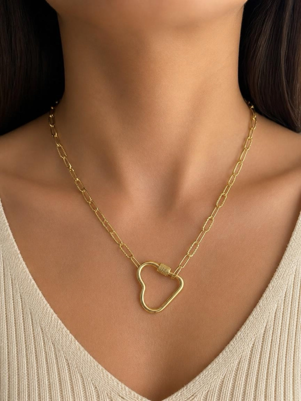 Gold Paperclip with Big Open Heart Necklace