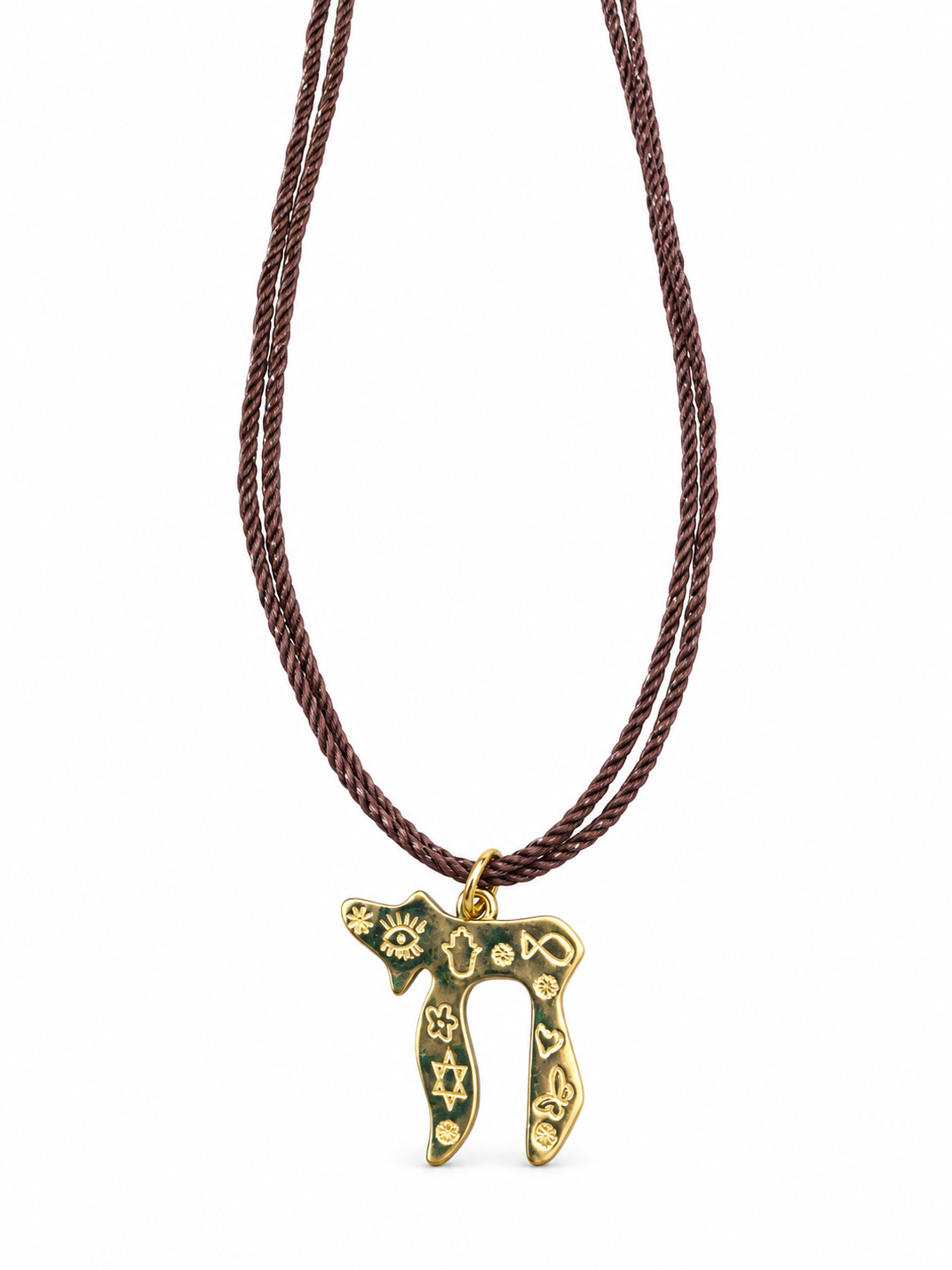 Chai with Symbols On Brown Cord Necklace