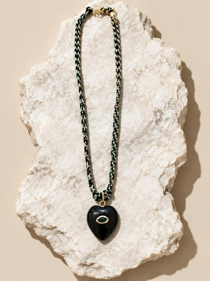 Black Heart with Green Stone on Cord Necklace