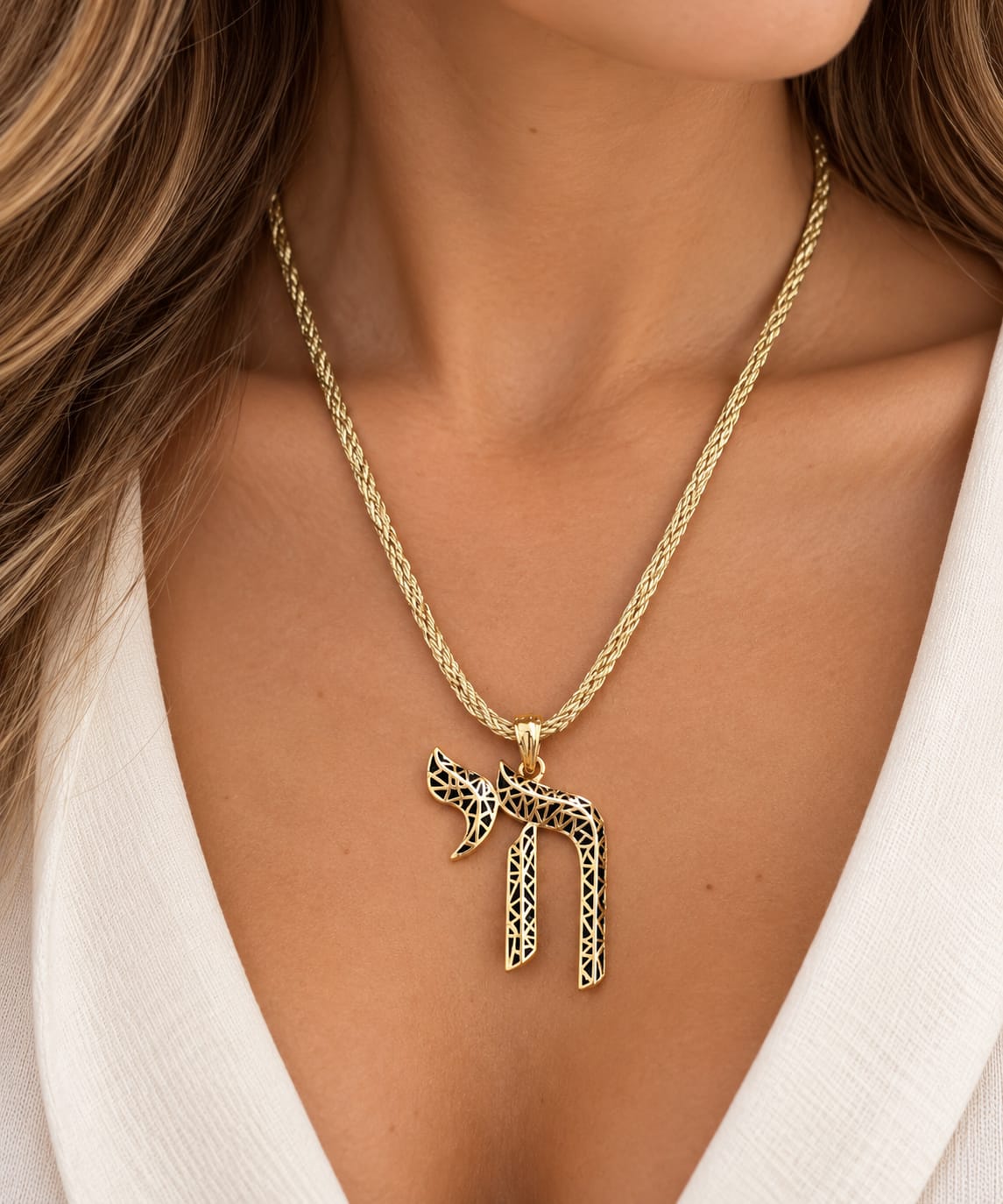 Black and Gold Chai on Gold Cord Necklace