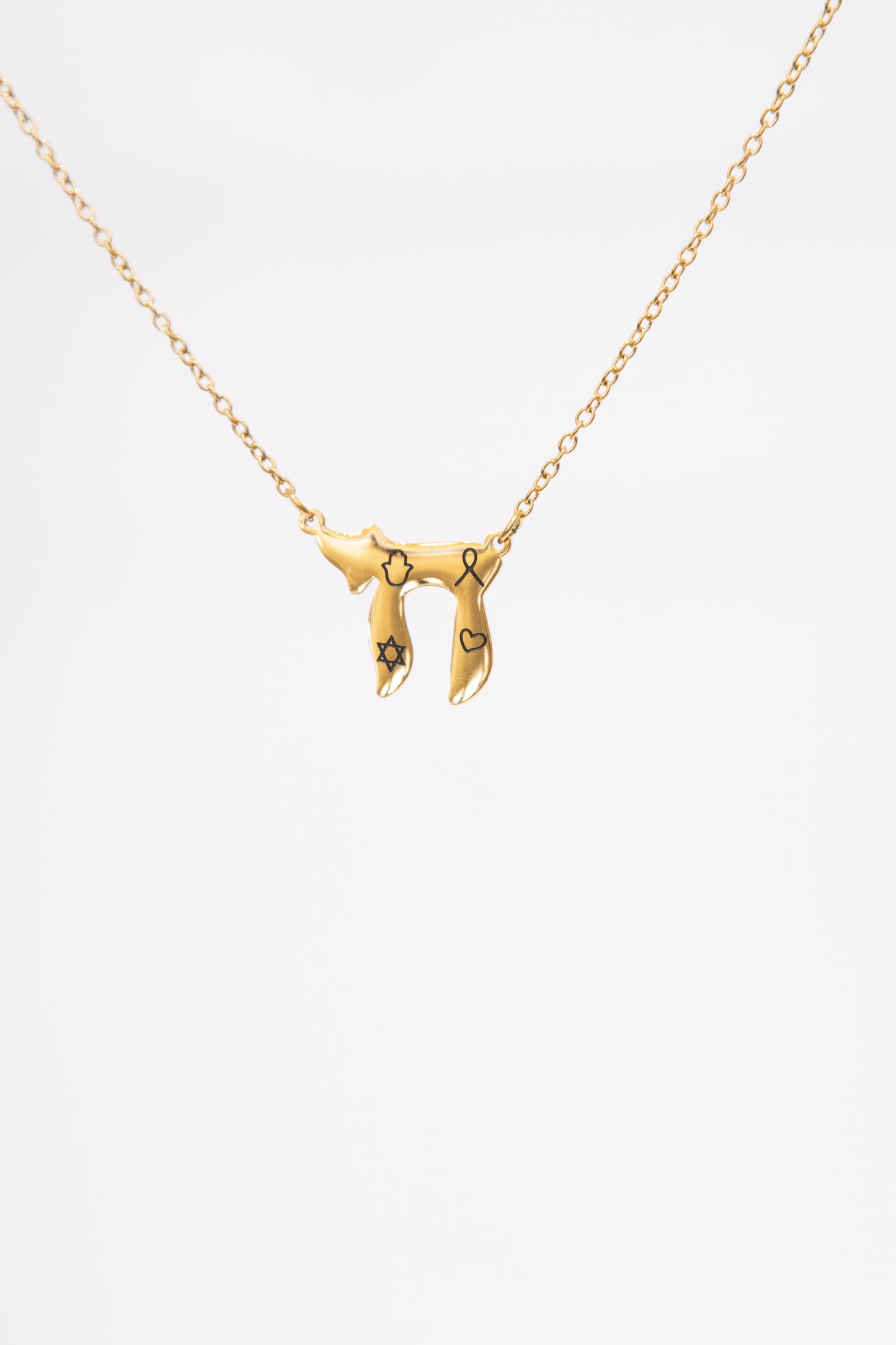 Gold Chai with Chamsa, Ribbon, Magen David and Heart