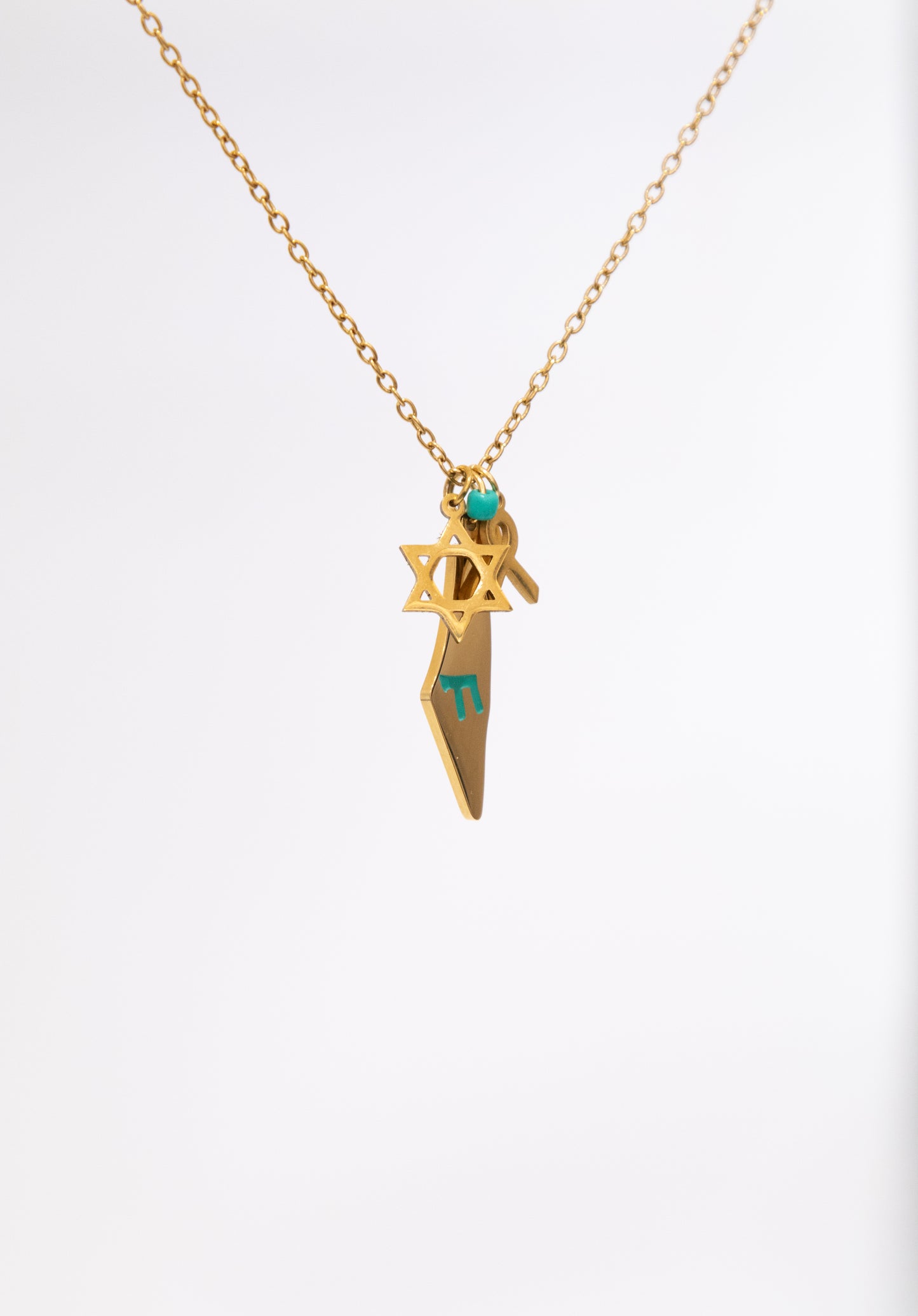 Gold Map, Chai, Magen David and Ribbon Necklace