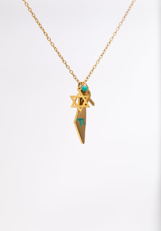 Gold Map, Chai, Magen David and Ribbon Necklace