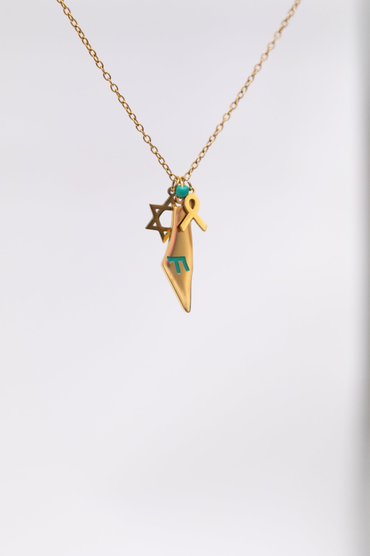 Gold Map, Chai, Magen David and Ribbon Necklace