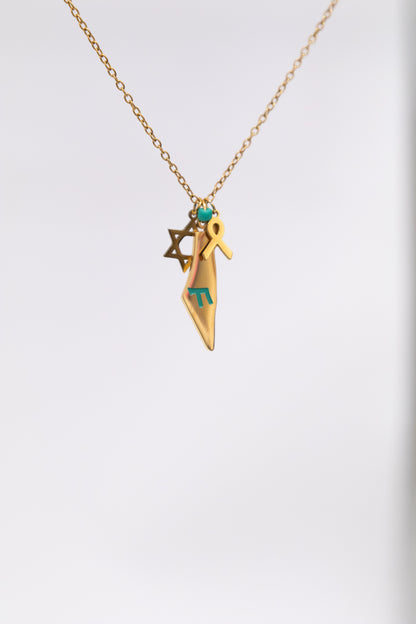 Gold Map, Chai, Magen David and Ribbon Necklace