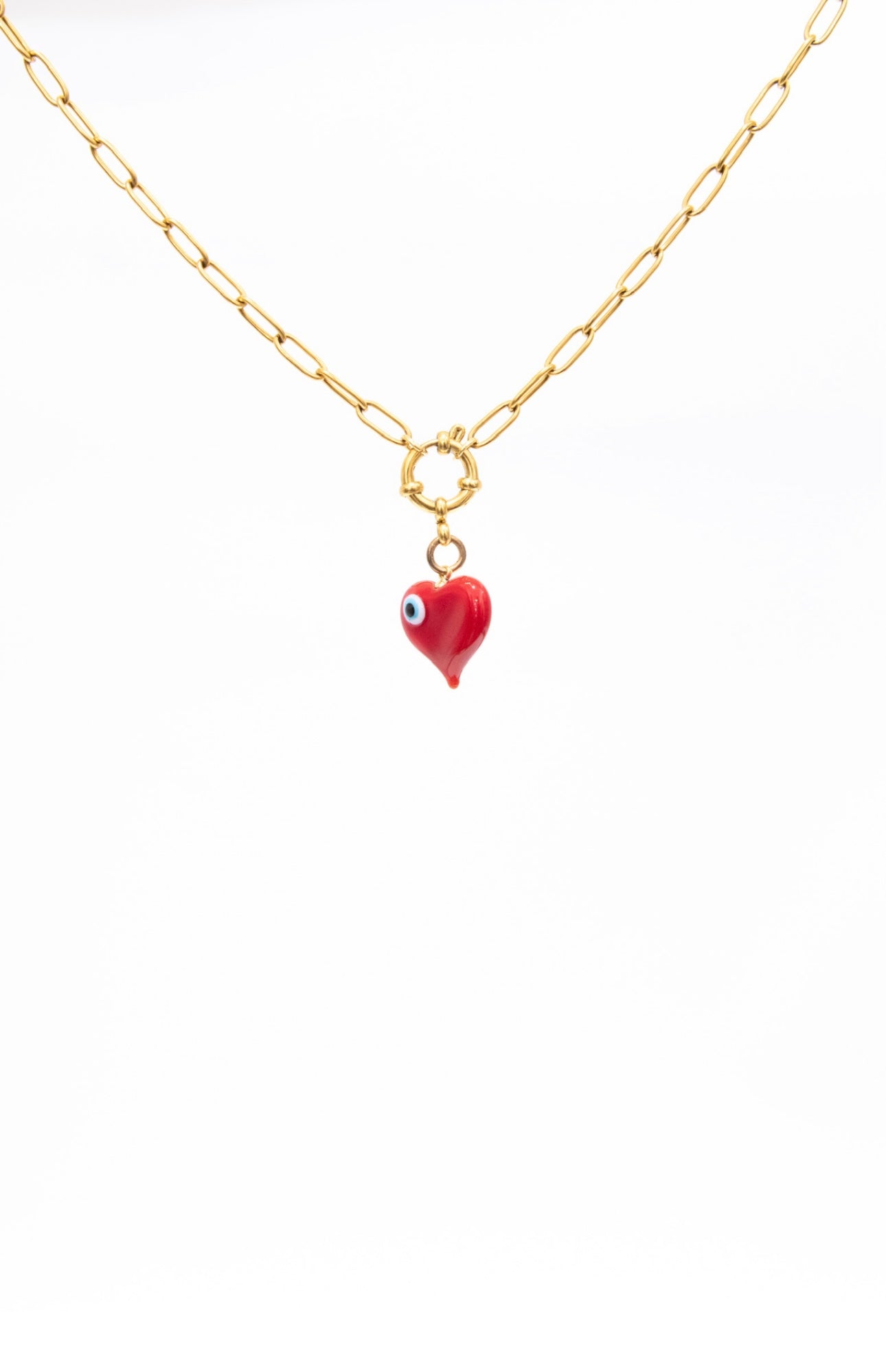 Gold Paperclip Chain with Fob and Red Heart and Eye