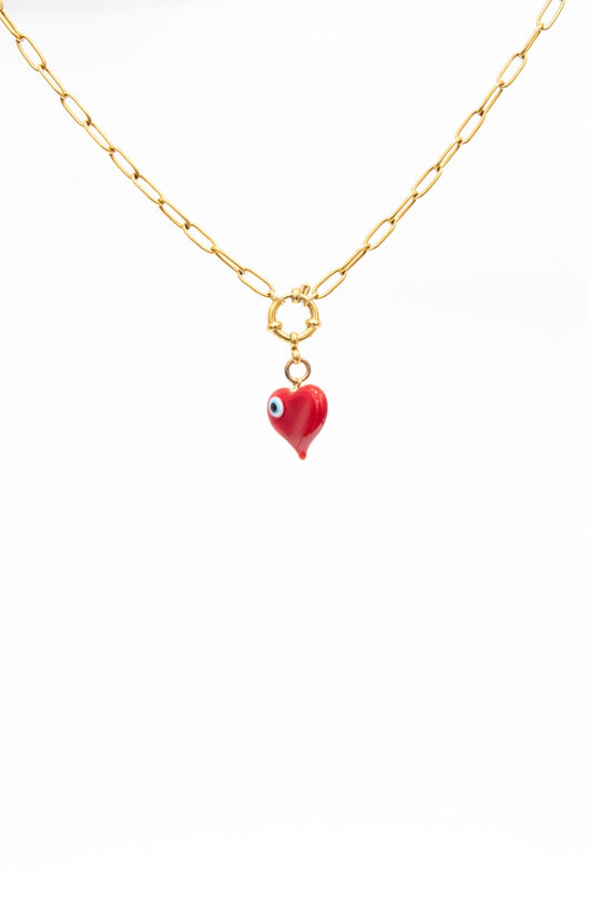 Gold Paperclip Chain with Fob and Red Heart and Eye