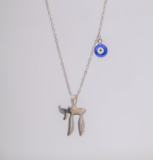 Silver Chai and Blue Evil Eye Necklace